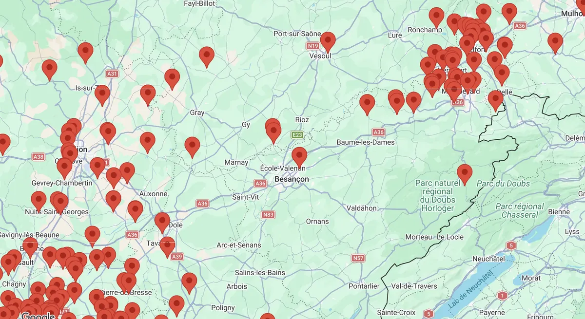 Carte des installations Planète Plus autour de Besançon