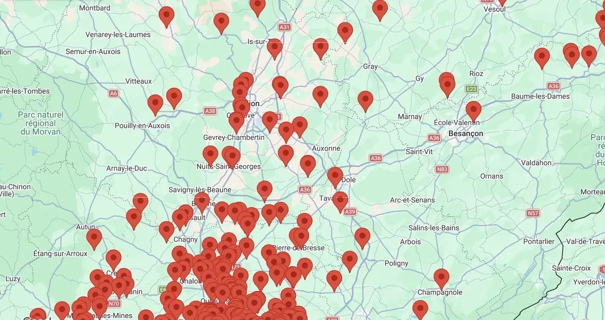 Carte des installations Planète Plus autour de Dijon
