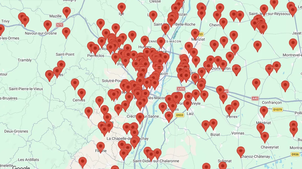 Carte des installations Planète Plus autour de Mâcon
